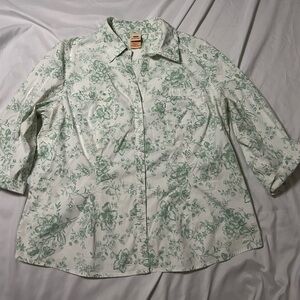 Women’s Plus Size 2X Green & White Toile Blouse Shabby Chic Faded Glory Roll Tab